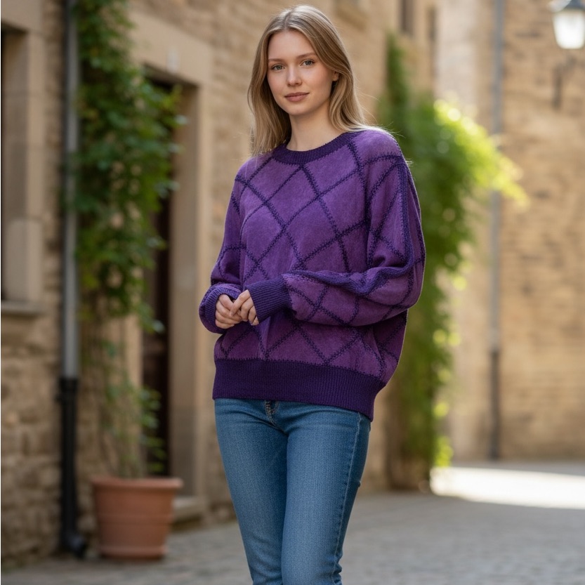 Unique Purple Suede Patchwork Sweater Pullover Crew Neck Long Sleeve